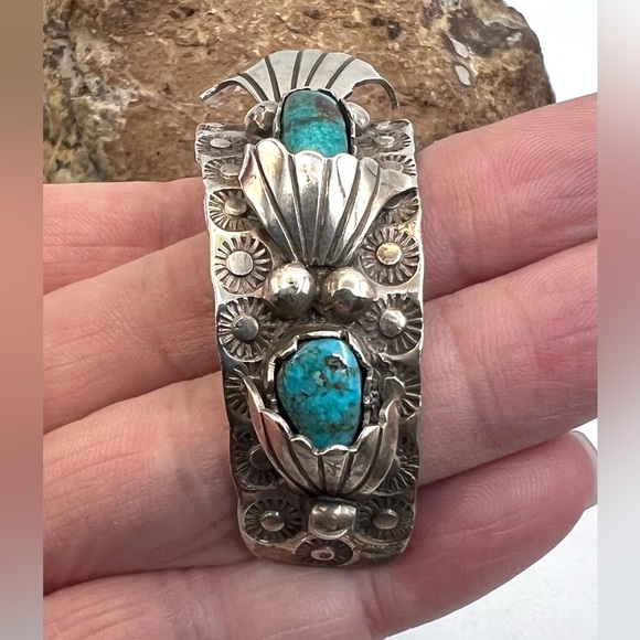 Signed ARB Navajo Sterling Silver Natural Turquoise Watch Cuff Bracelet 7" - Picture 7 of 12